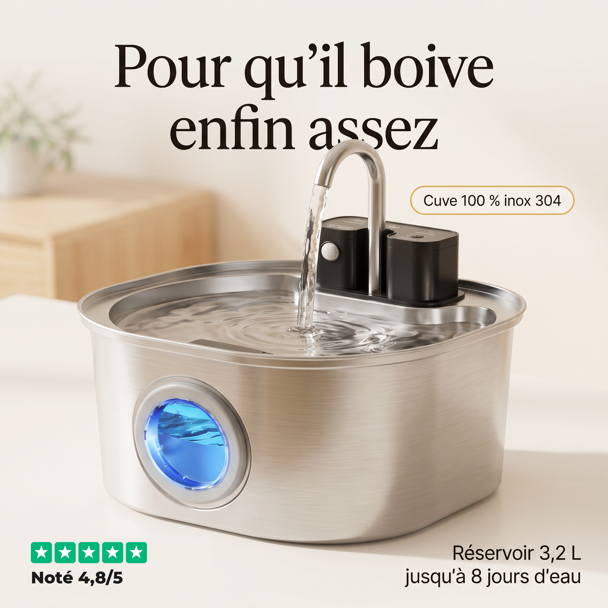 Fontaine à eau pour chat sans fil — inox 304, capteur de mouvement, 3,2 L