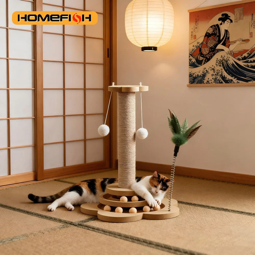 Jouet pour chat en bois massif — plateau tournant, balles & griffoir en sisal