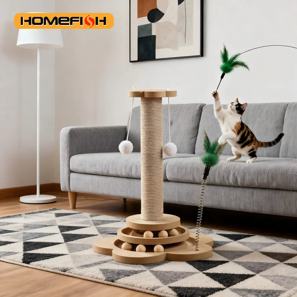 Jouet pour chat en bois massif — plateau tournant, balles & griffoir en sisal