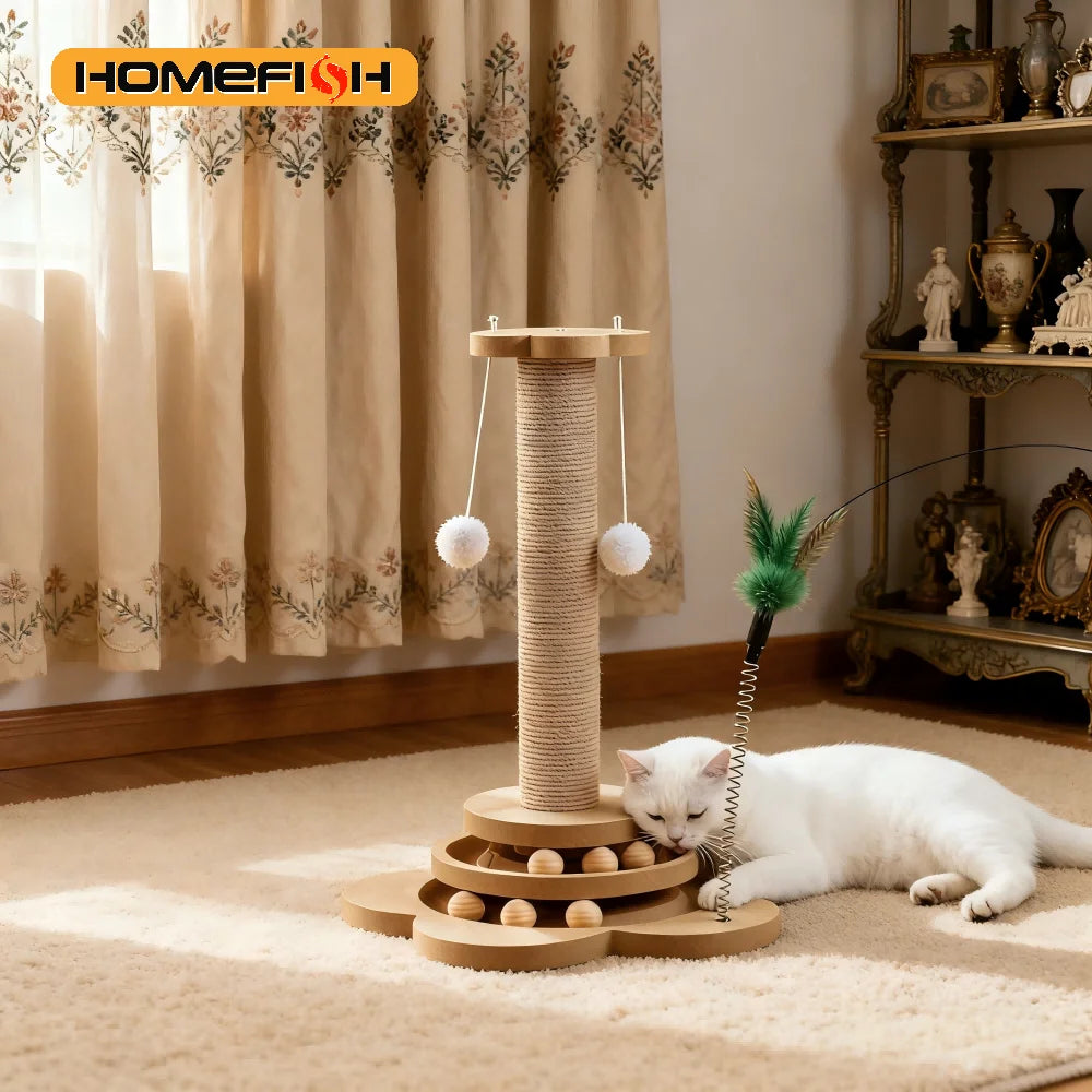 Jouet pour chat en bois massif — plateau tournant, balles & griffoir en sisal