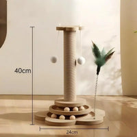 Jouet pour chat en bois massif — plateau tournant, balles & griffoir en sisal
