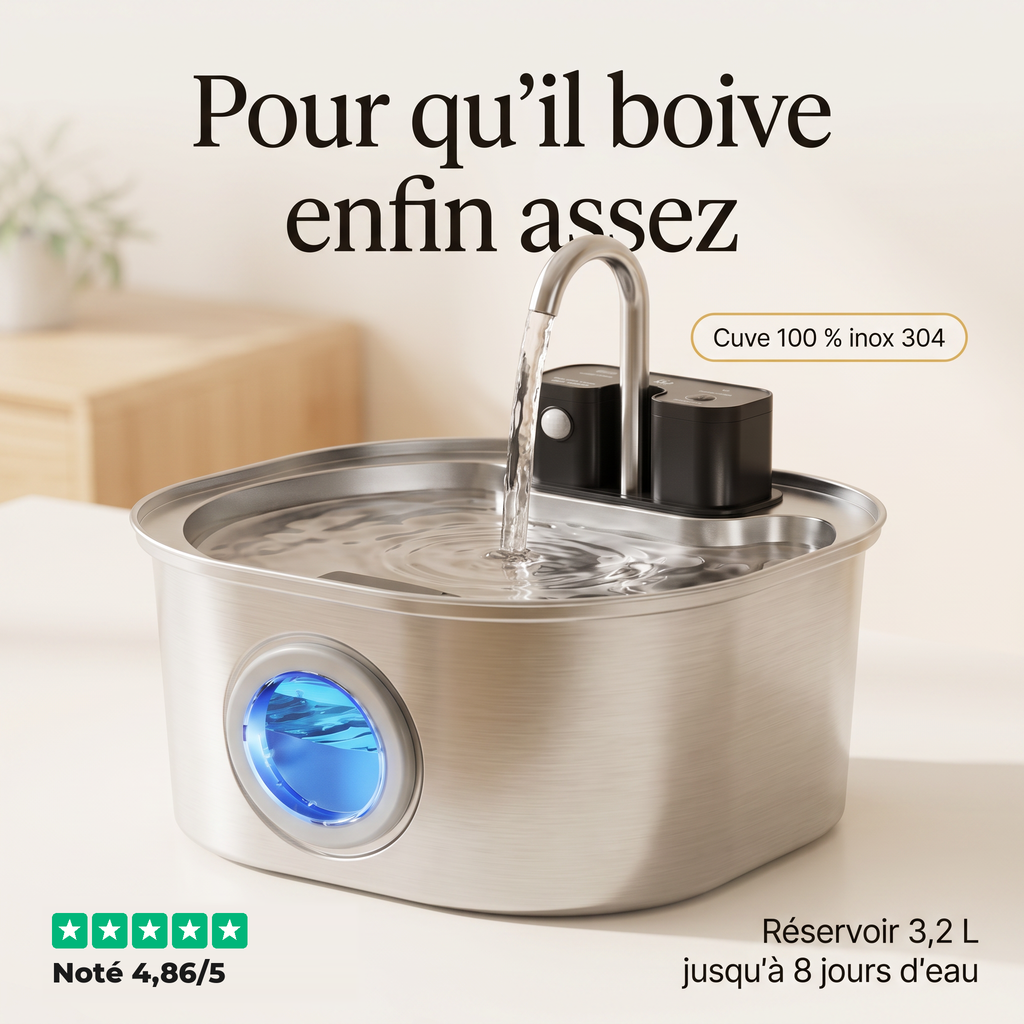 Fontaine à eau pour chat sans fil — inox 304, capteur de mouvement, 3,2 L