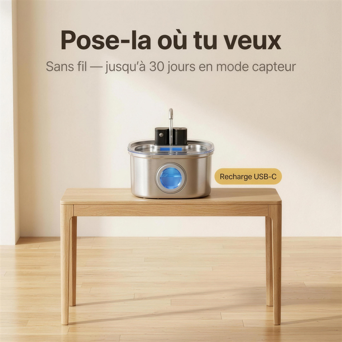 Pose-la où tu veux — fontaine sans fil, jusqu'à 30 jours en mode capteur, recharge USB-C