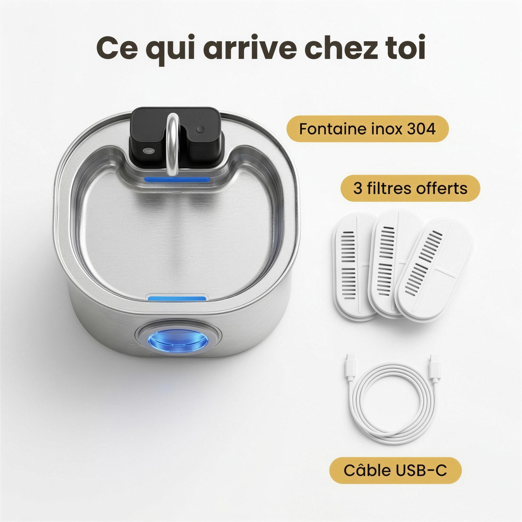 Ce qui arrive chez toi — fontaine inox 304, 3 filtres offerts, câble USB-C