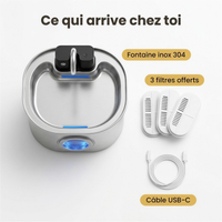 Ce qui arrive chez toi — fontaine inox 304, 3 filtres offerts, câble USB-C