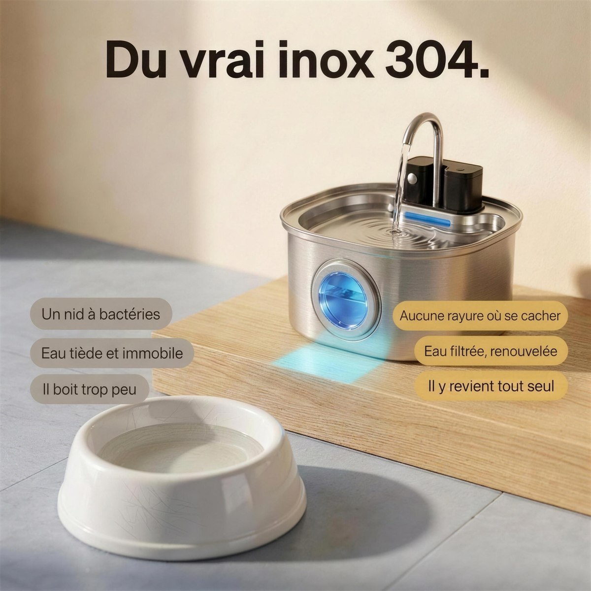 Du vrai inox 304 — comparaison avec une gamelle en plastique rayée