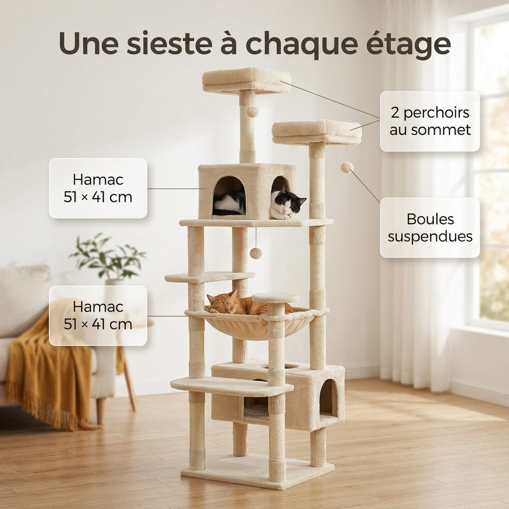Une sieste à chaque étage : hamac, niche, perchoirs, boules suspendues