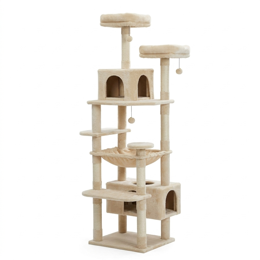 Arbre à chat grand format 184 cm Crème Ivoire, 8 niveaux, sisal et hamac