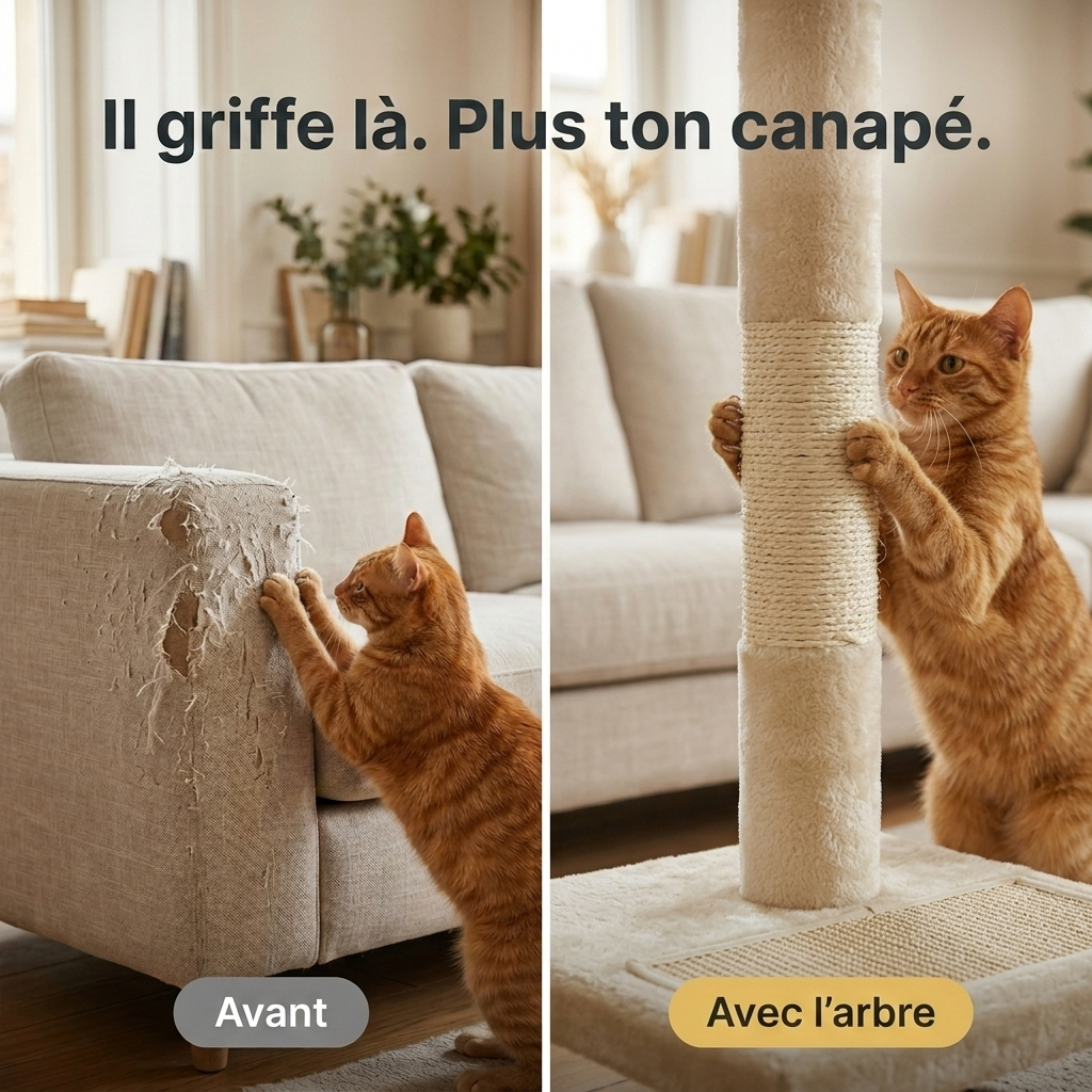 Avant / après : le chat griffe le sisal de l'arbre plutôt que le canapé